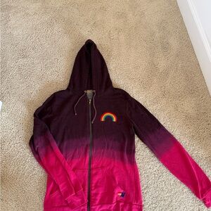 Aviator Nation Pink and Purple Hoodie with Red Sherpa Lining and Rainbow Patch